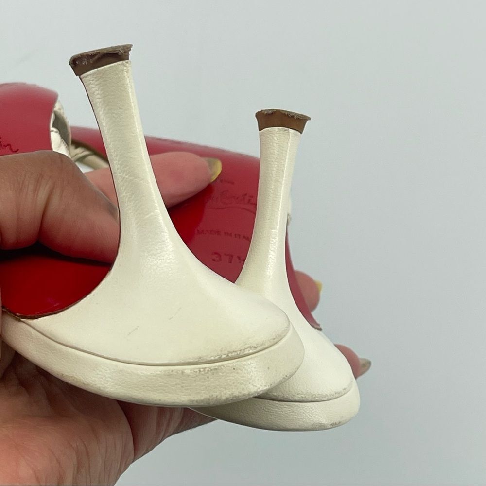 Christian Louboutin Fringe Peep Toe Mule Sandals Cream Leather EU 37.5 Heels - Picture 8 of 16